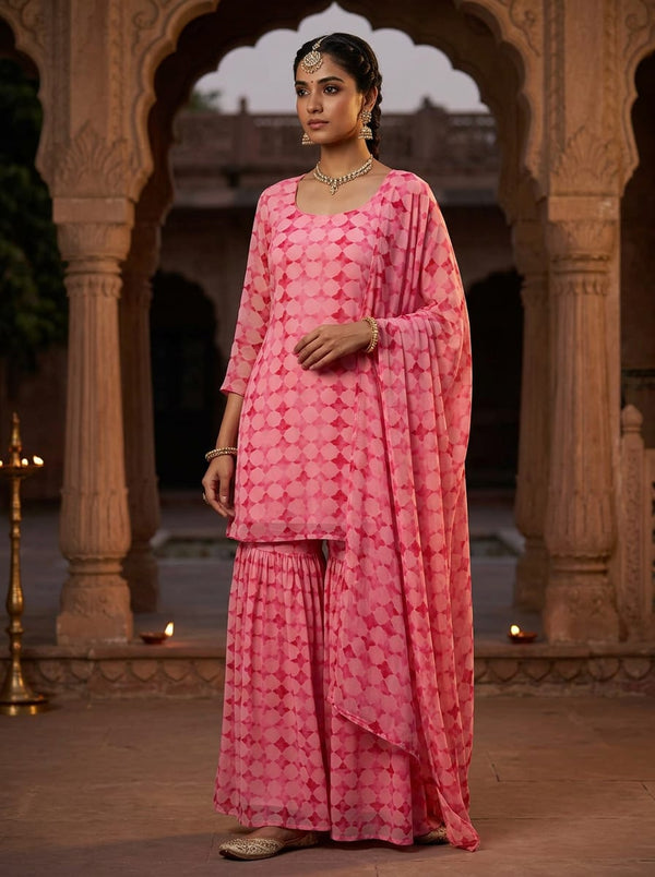 Pink Watercolor Geometric Pattern Pure Georgette Digital Printed Fabric - Gharara Set Lookbook - PG-0-TA08735-110 - alternate view