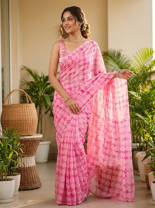 Pink Geometric Watercolor Trellis Pure Chinon Digital Printed Fabric - Saree Lookbook - PC-0-TA08735-106 - alternate view