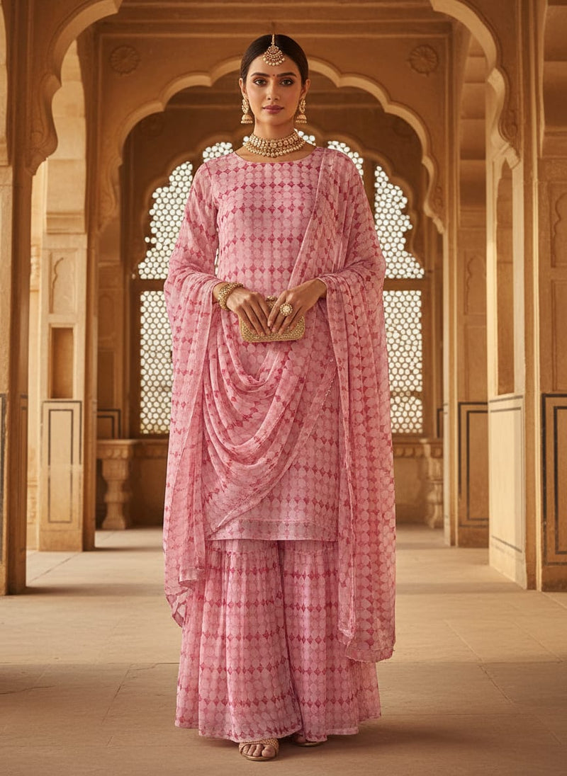 Pink Watercolor Geometric Lattice Pure Chiffon Digital Printed Fabric