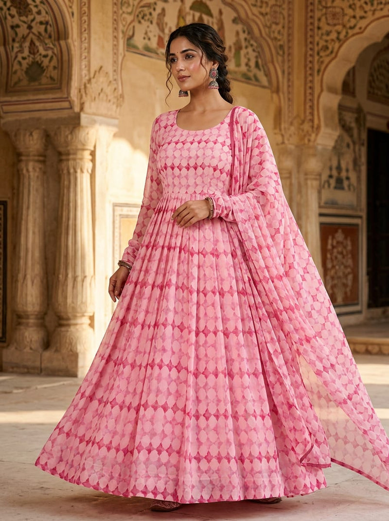 Pink Watercolor Geometric Lattice Pure Chiffon Digital Printed Fabric