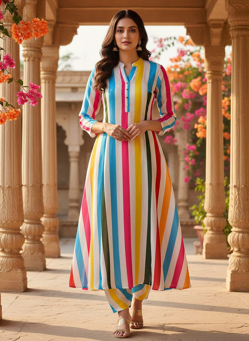 Morden Rainbow Strips Printed Fabric - Kora Silk