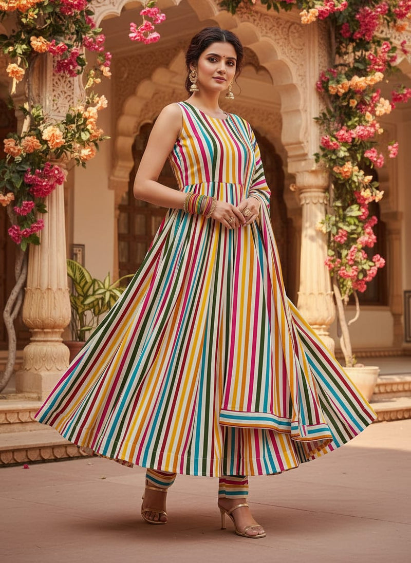 Multicolor Colorful Vertical Stripes Silk Crepe Digital Printed Fabric