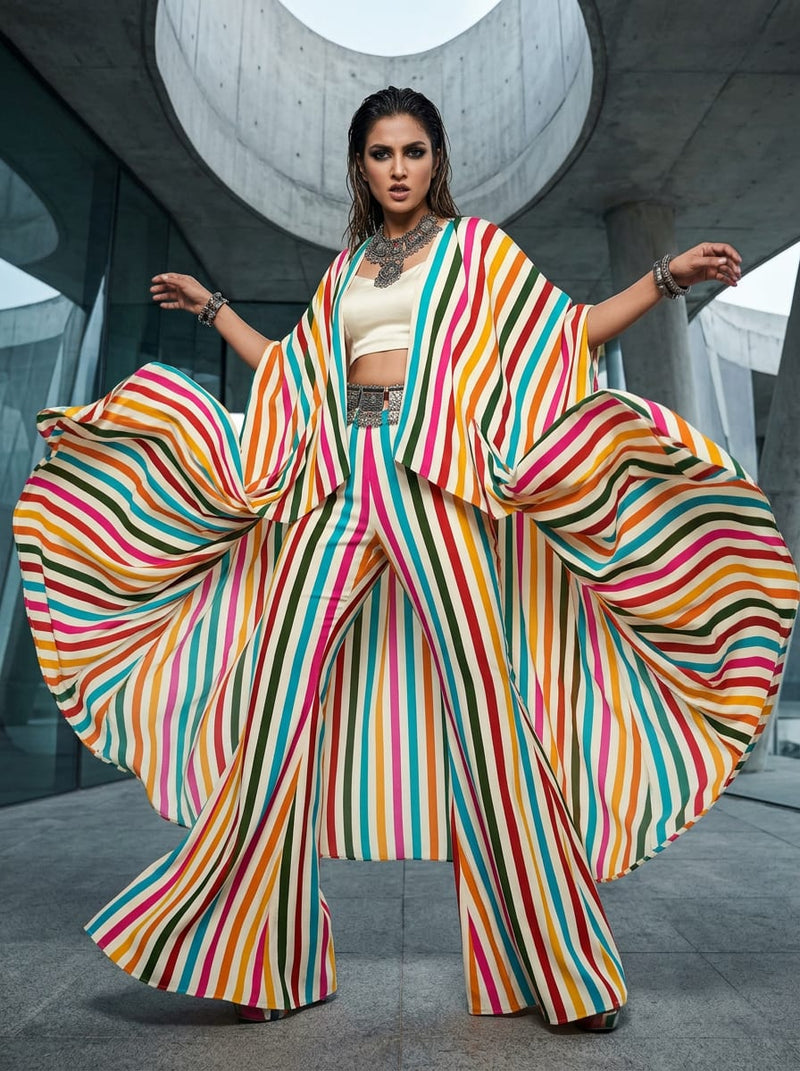 Multicolor Colorful Vertical Stripes Silk Crepe Digital Printed Fabric