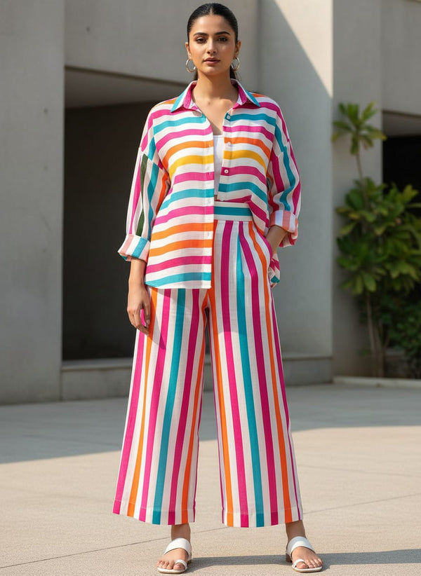 Morden Rainbow Strips Printed Fabric - Pure Cotton - Co-ord Set with Wide Leg Pants Lookbook - PCO-0-TA08736-108 - alternate view