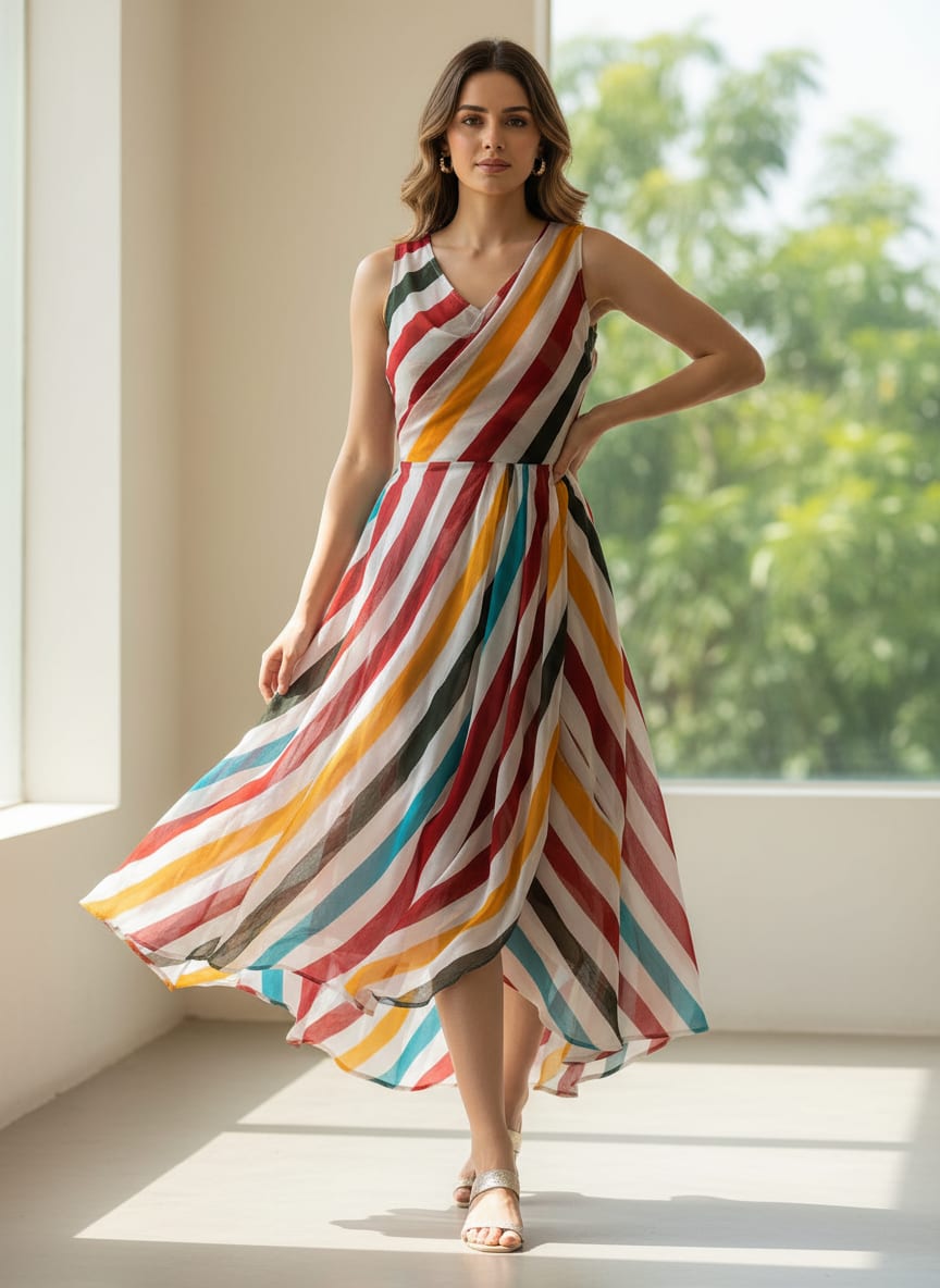 Morden Rainbow Strips Printed Fabric - Pure Georgette