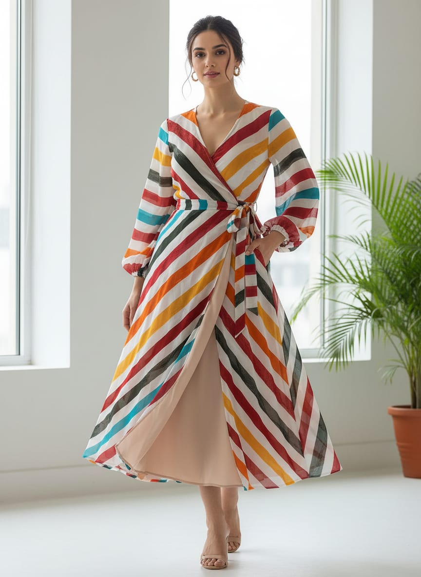Morden Rainbow Strips Printed Fabric - Pure Georgette
