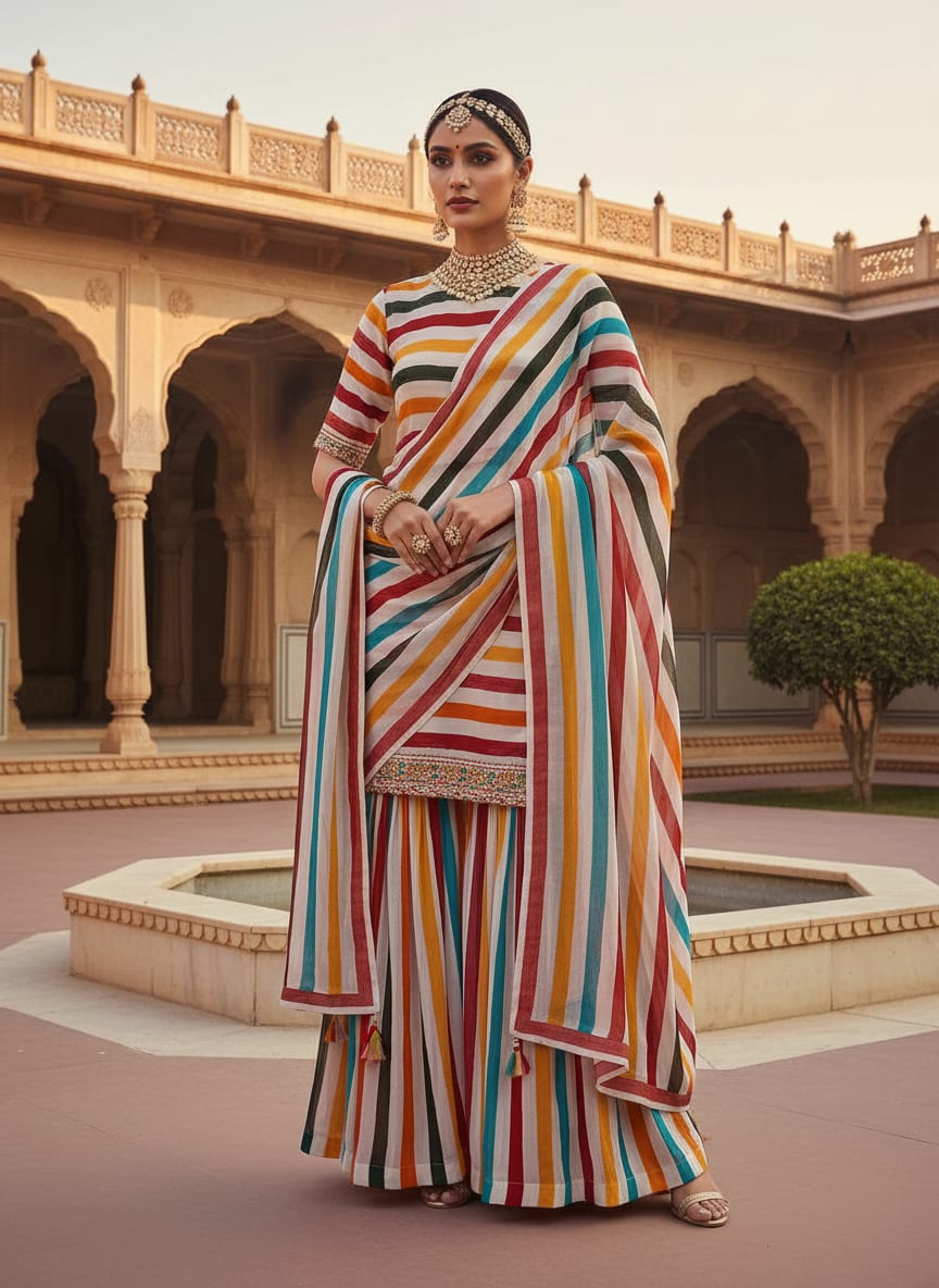 Multicolor Wavy Abstract Stripes Pure Georgette Digital Printed Fabric