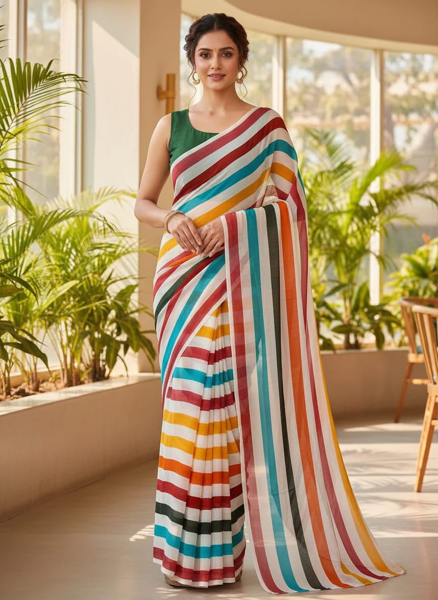 Morden Rainbow Strips Printed Fabric - Pure Georgette