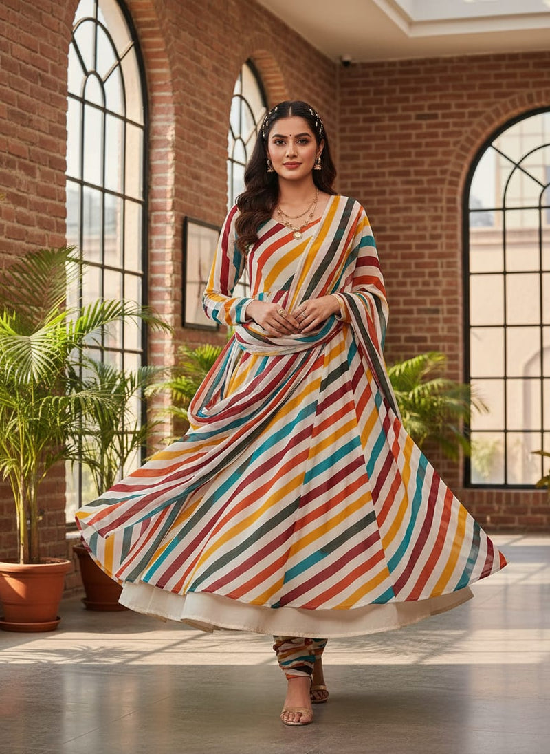 Multicolor Wavy Abstract Stripes Pure Georgette Digital Printed Fabric