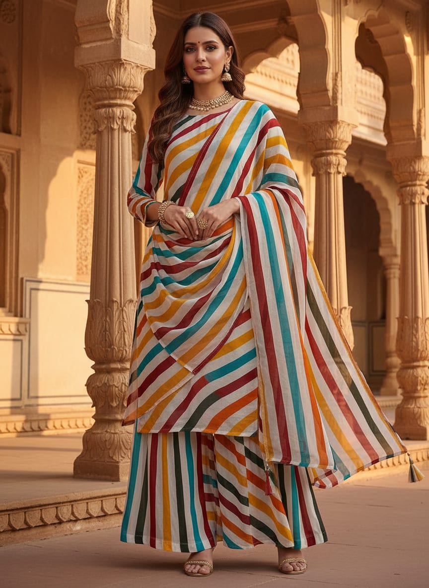 Multicolor Wavy Abstract Stripes Pure Georgette Digital Printed Fabric