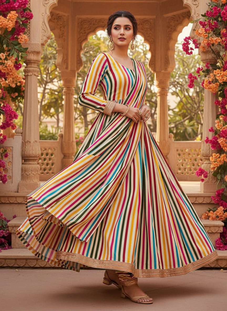 Multicolor Vibrant Colorful Stripes Pure Chinon Digital Printed Fabric