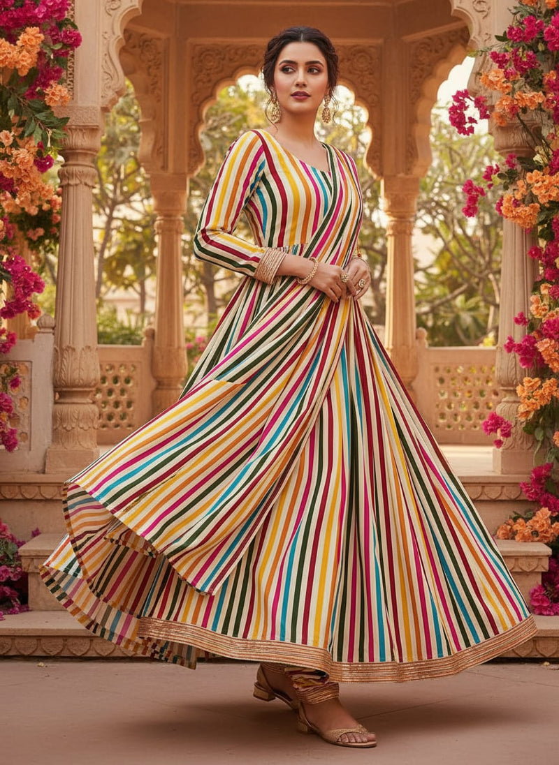 Morden Rainbow Strips Printed Fabric - Pure Chinon