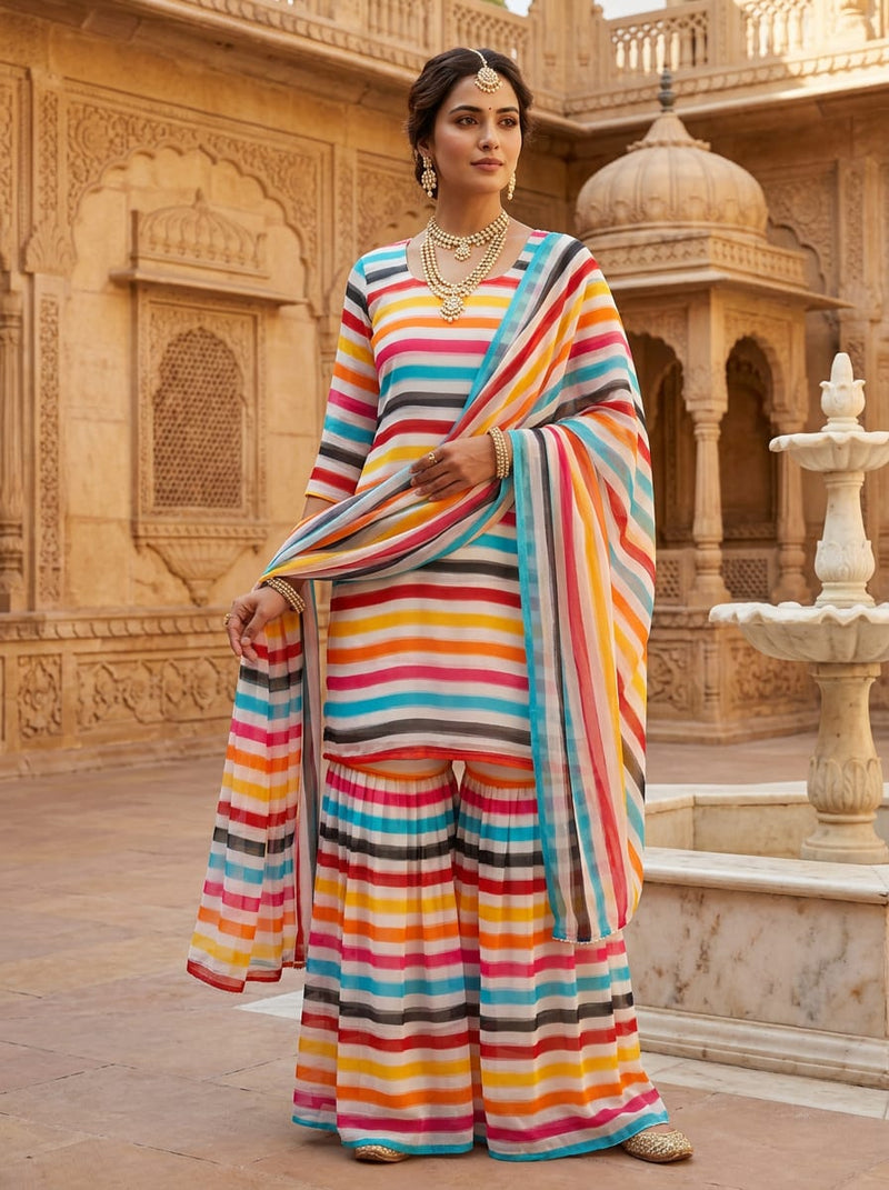 Multicolor Colorful Watercolor Stripes Pure Chiffon Digital Printed Fabric