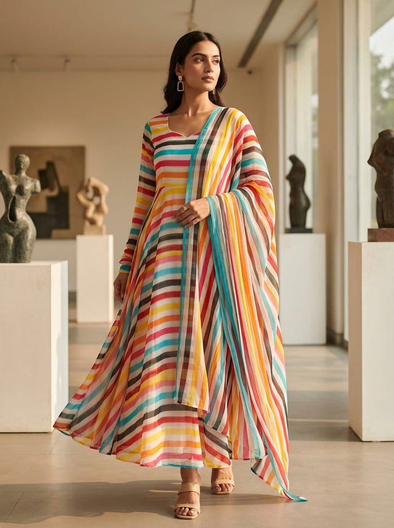 Multicolor Colorful Watercolor Stripes Pure Chiffon Digital Printed Fabric