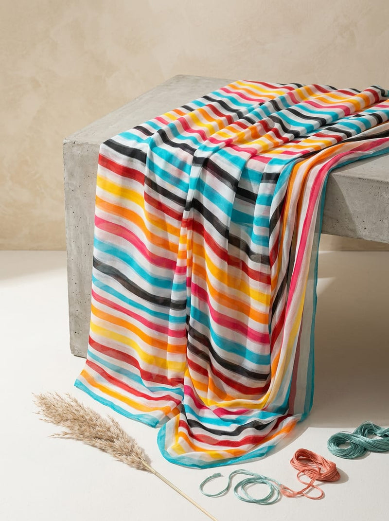 Multicolor Colorful Watercolor Stripes Pure Chiffon Digital Printed Fabric