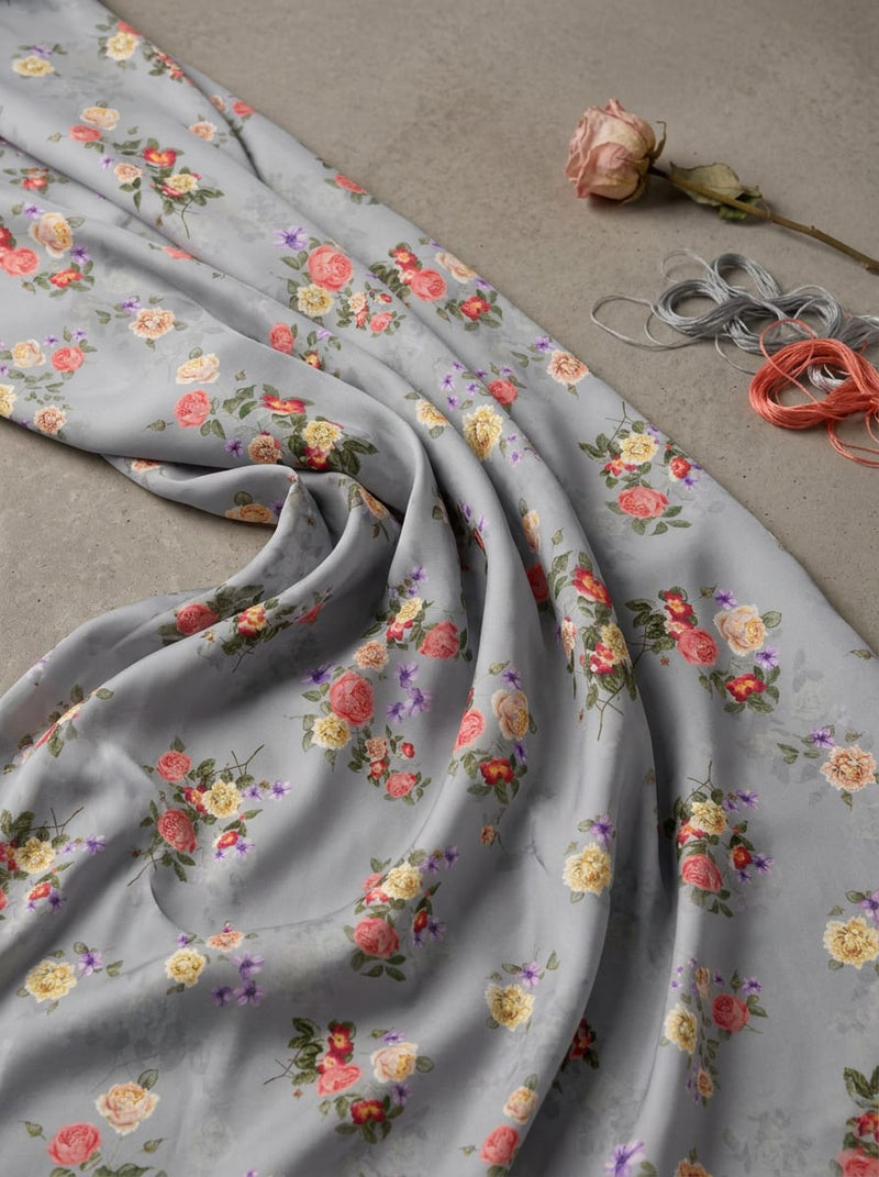 Grey Colorful Rose Bouquet Floral Japan Satin Digital Printed Fabric