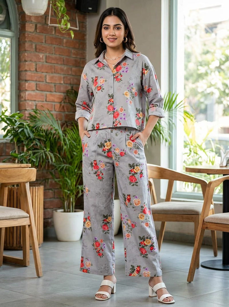 Grey Colorful Floral Bouquets Pure Cotton Digital Printed Fabric