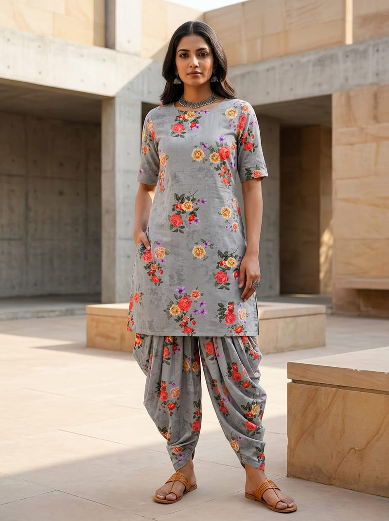 Grey Colorful Floral Bouquets Pure Cotton Digital Printed Fabric