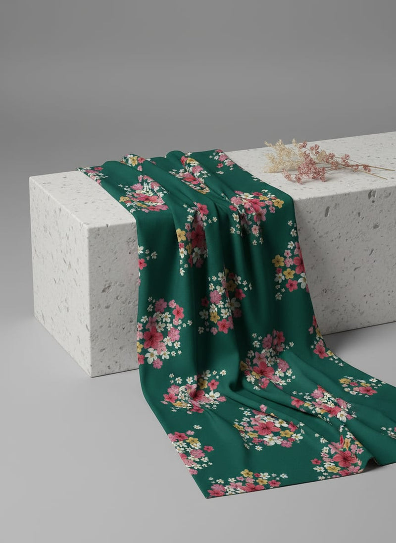 Green Ditsy Floral Bouquets Japan Satin Digital Printed Fabric