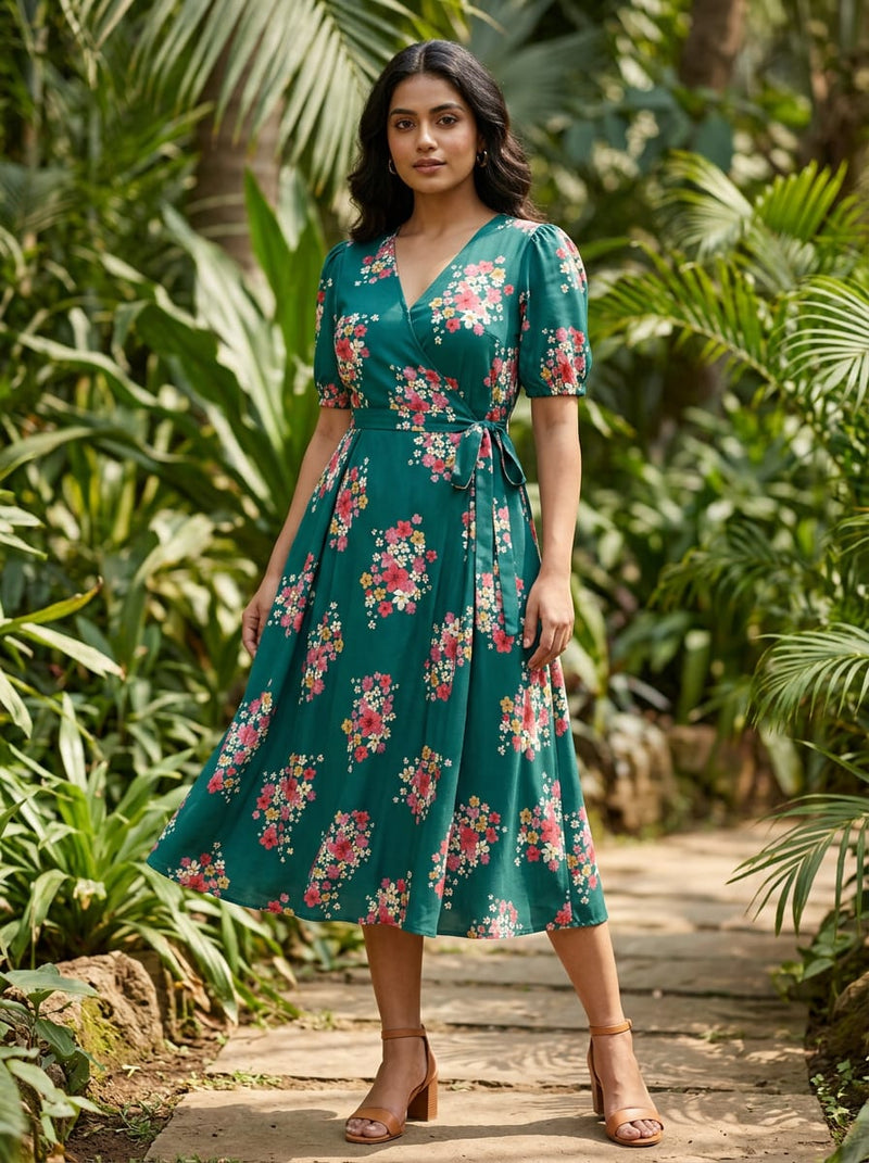 Green Ditsy Floral Bouquets Weightless Digital Printed Fabric