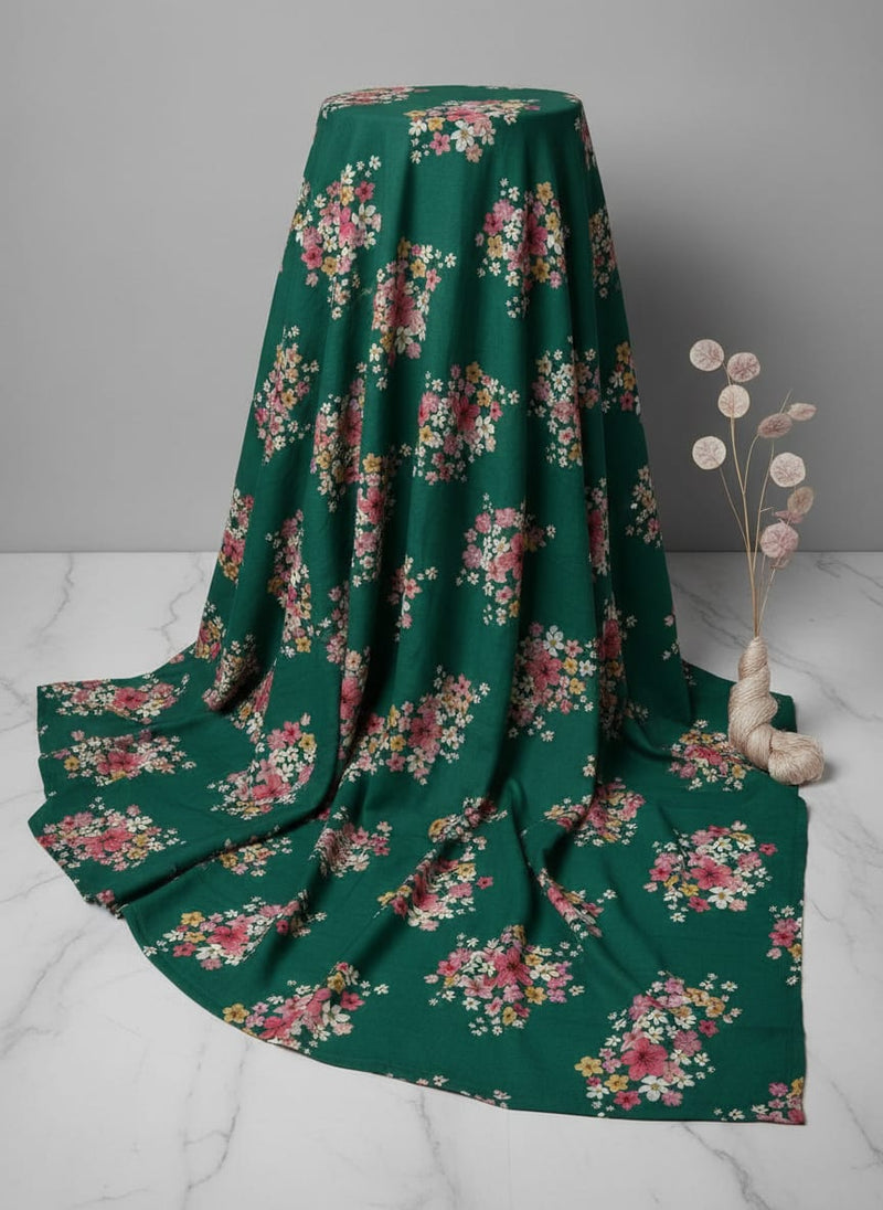 Green Ditsy Floral Bouquets Print Muslin Digital Printed Fabric