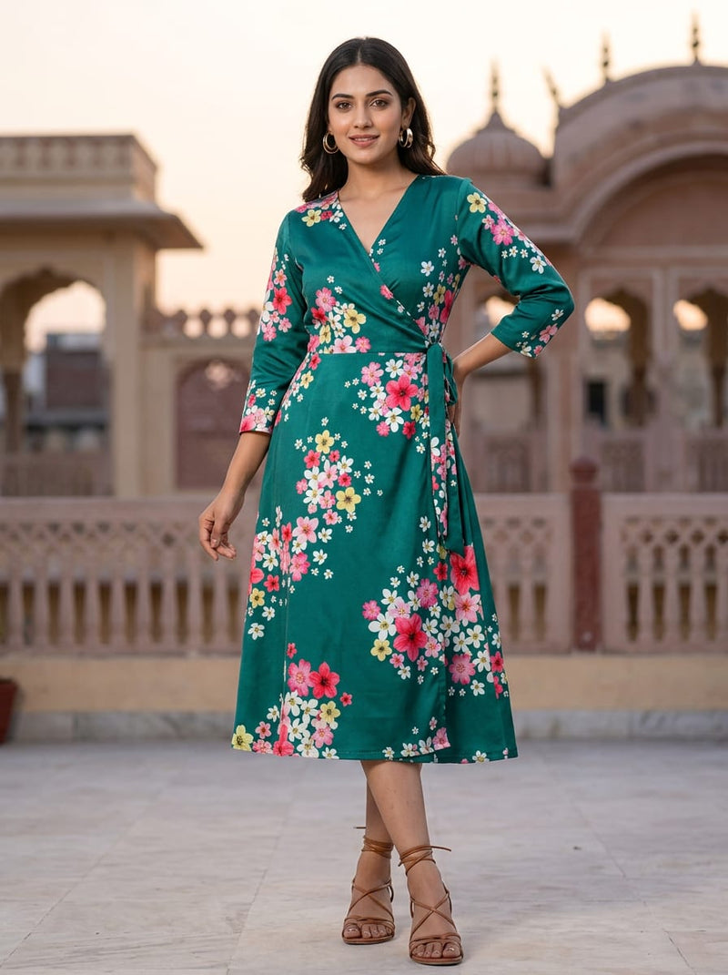 Green Colorful Garden Floral Silk Crepe Digital Printed Fabric
