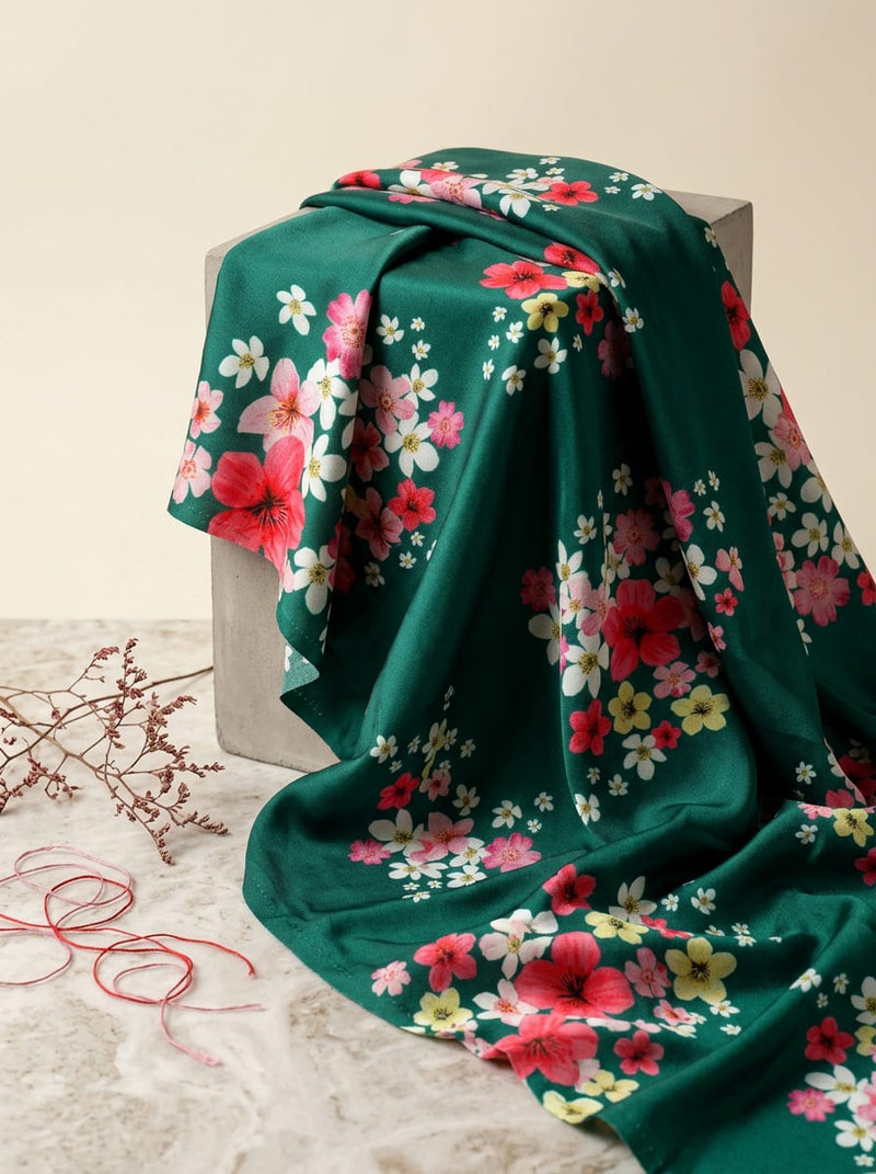 Green Colorful Garden Floral Silk Crepe Digital Printed Fabric