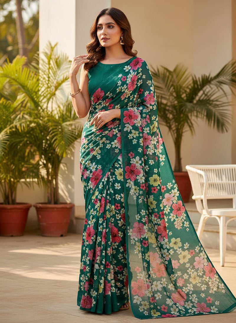 Green Colorful Garden Floral Silk Crepe Digital Printed Fabric