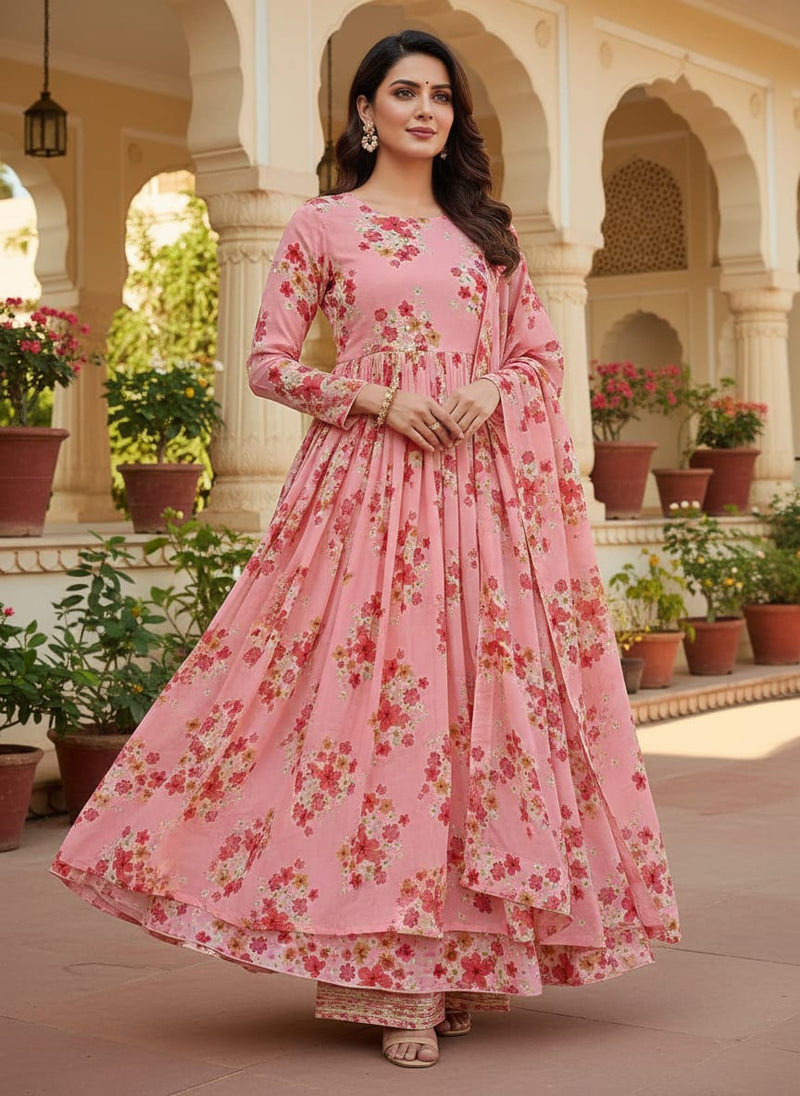 Lovely Pinkish Chintz Flower Digital Printed Fabric - Weightless