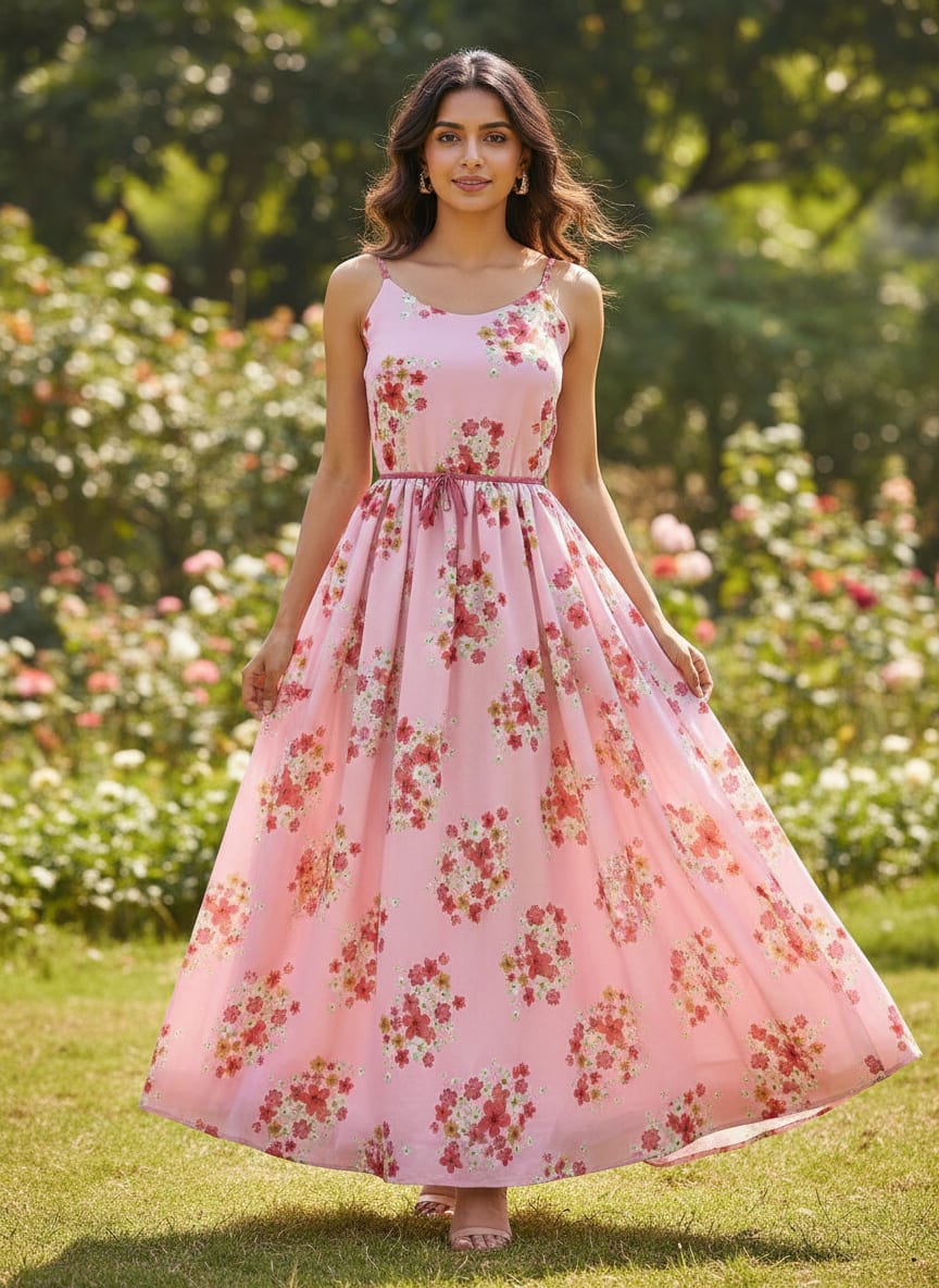 Pink Ditsy Floral Bouquets Muslin Digital Printed Fabric