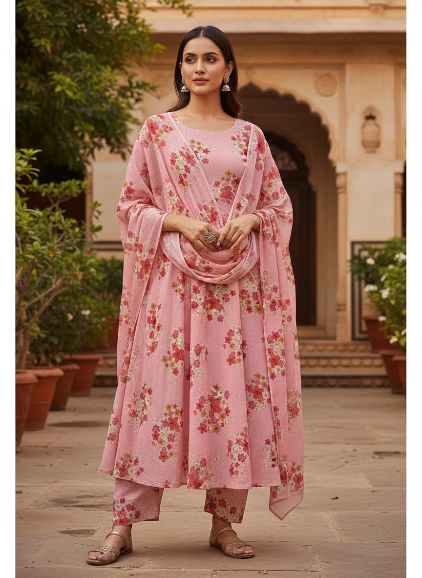 Lovely Pinkish Chintz Flower Digital Printed Fabric - Muslin