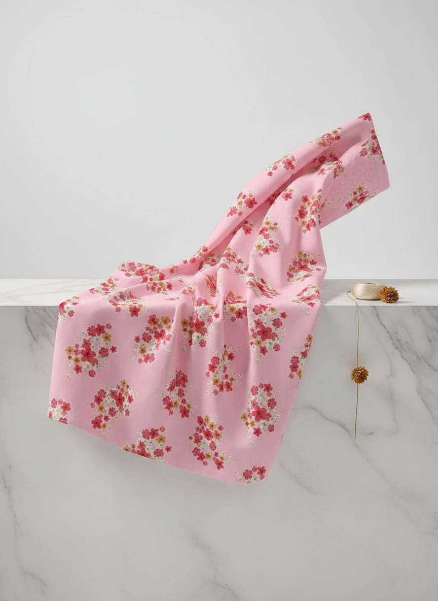 Pink Ditsy Floral Bouquets Muslin Digital Printed Fabric