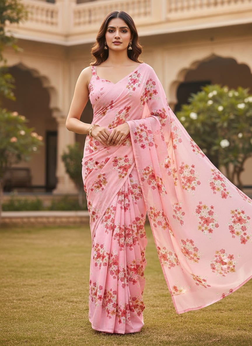 Lovely Pinkish Chintz Flower Digital Printed Fabric - Crepe