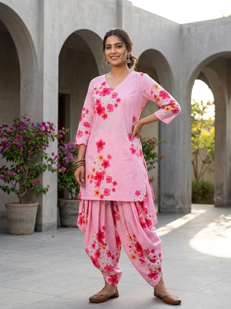 Pink Scattered Colorful Floral Pure Cotton Digital Printed Fabric