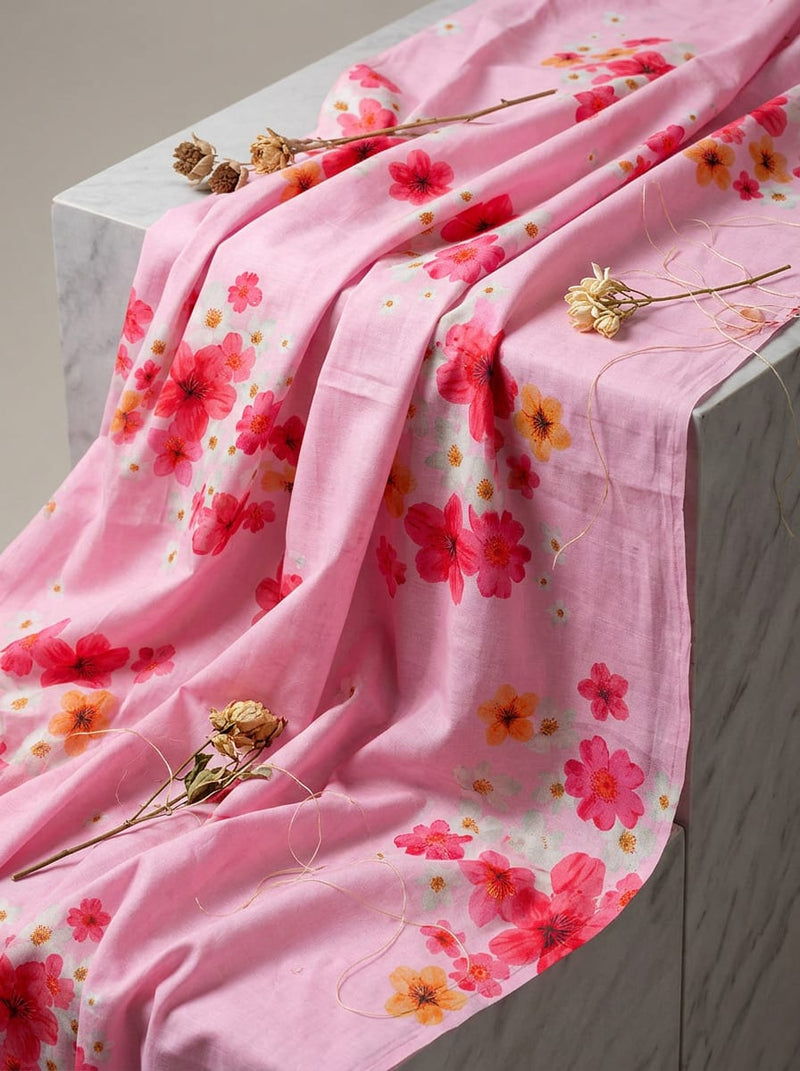 Pink Scattered Colorful Floral Pure Cotton Digital Printed Fabric