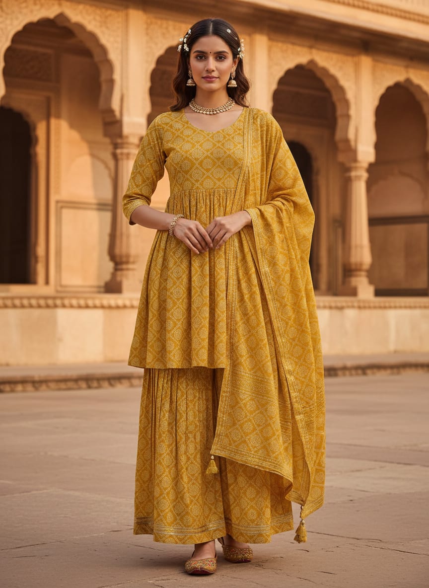 Yellow Ethnic Bandhani Paisley Weightless Digital Printed Fabric