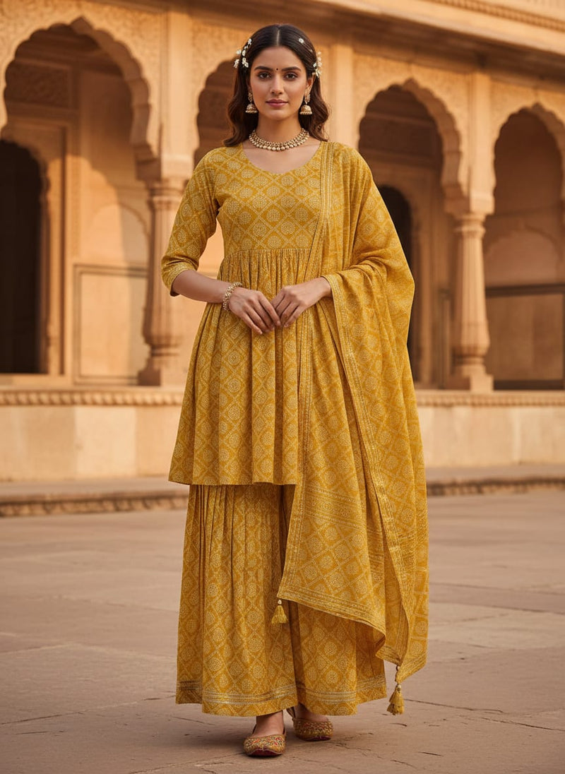 Yellow Ethnic Bandhani Paisley Weightless Digital Printed Fabric