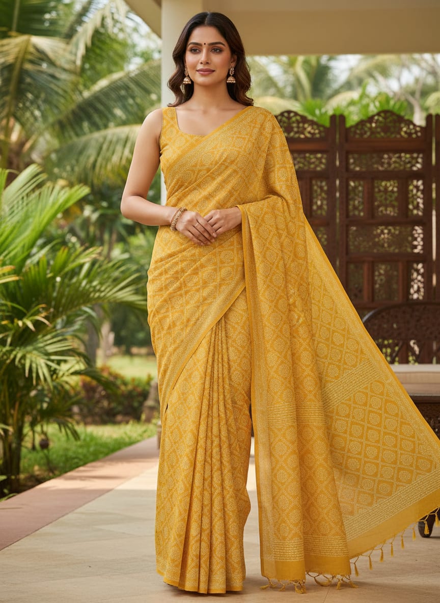 Yellow Ethnic Bandhani Paisley Weightless Digital Printed Fabric