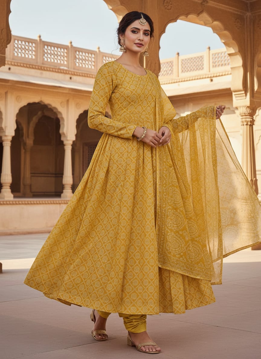 Yellow Ethnic Bandhani Paisley Weightless Digital Printed Fabric