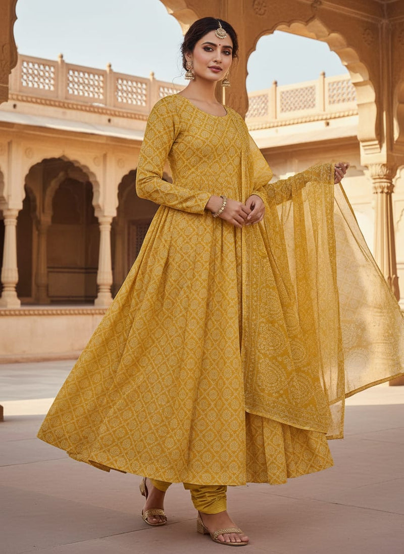 Yellow Ethnic Bandhani Paisley Weightless Digital Printed Fabric