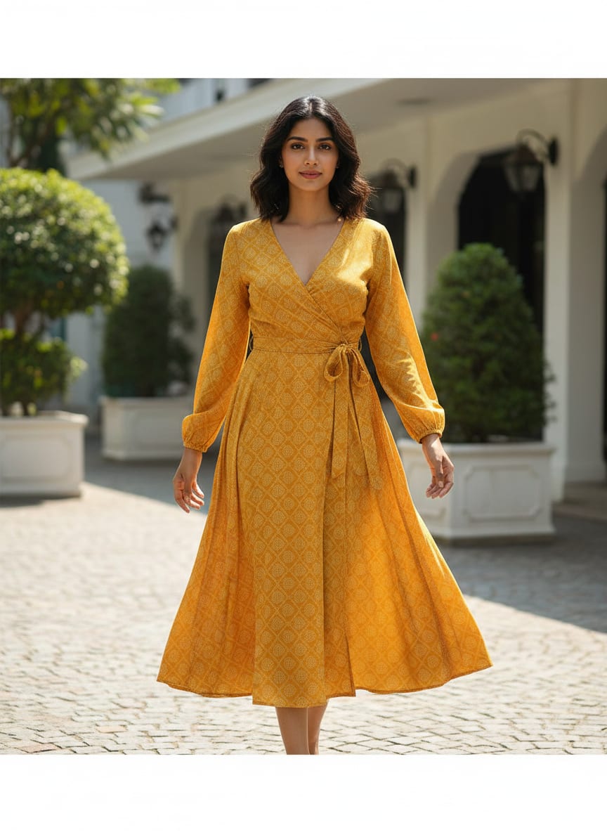 Yellow Ethnic Bandhani Paisley Weightless Digital Printed Fabric