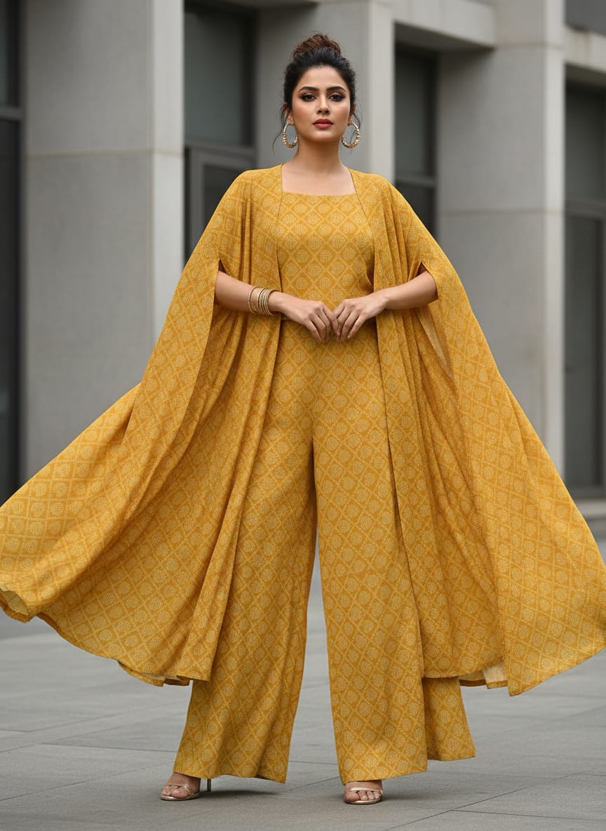 Yellow Ethnic Bandhani Paisley Weightless Digital Printed Fabric