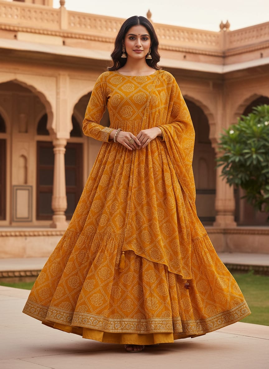 Yellow Ethnic Bandhani Dot Print Pure Georgette Digital Printed Fabric
