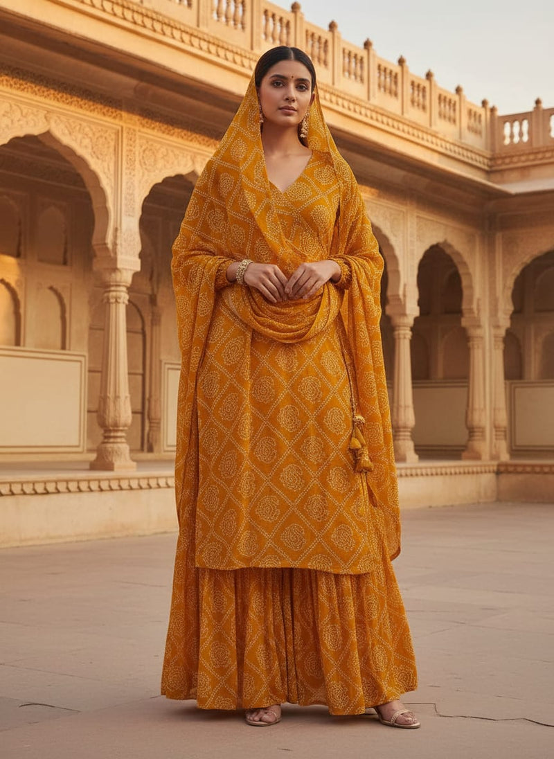 Yellow Ethnic Bandhani Dot Print Pure Georgette Digital Printed Fabric
