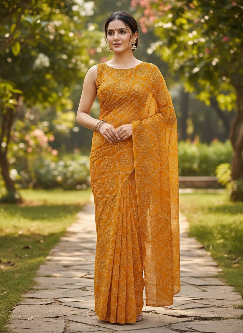 Yellow Ethnic Bandhani Dot Print Pure Georgette Digital Printed Fabric