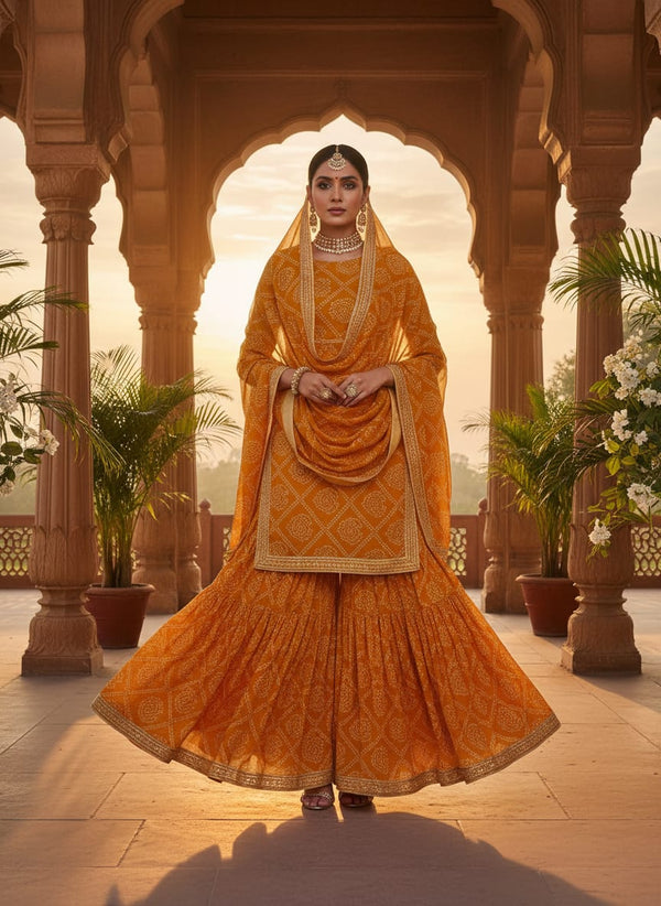 Yellow Ethnic Bandhani Dot Print Pure Georgette Digital Printed Fabric - Gharara Set Lookbook - PG-0-TA08750-110 - alternate view