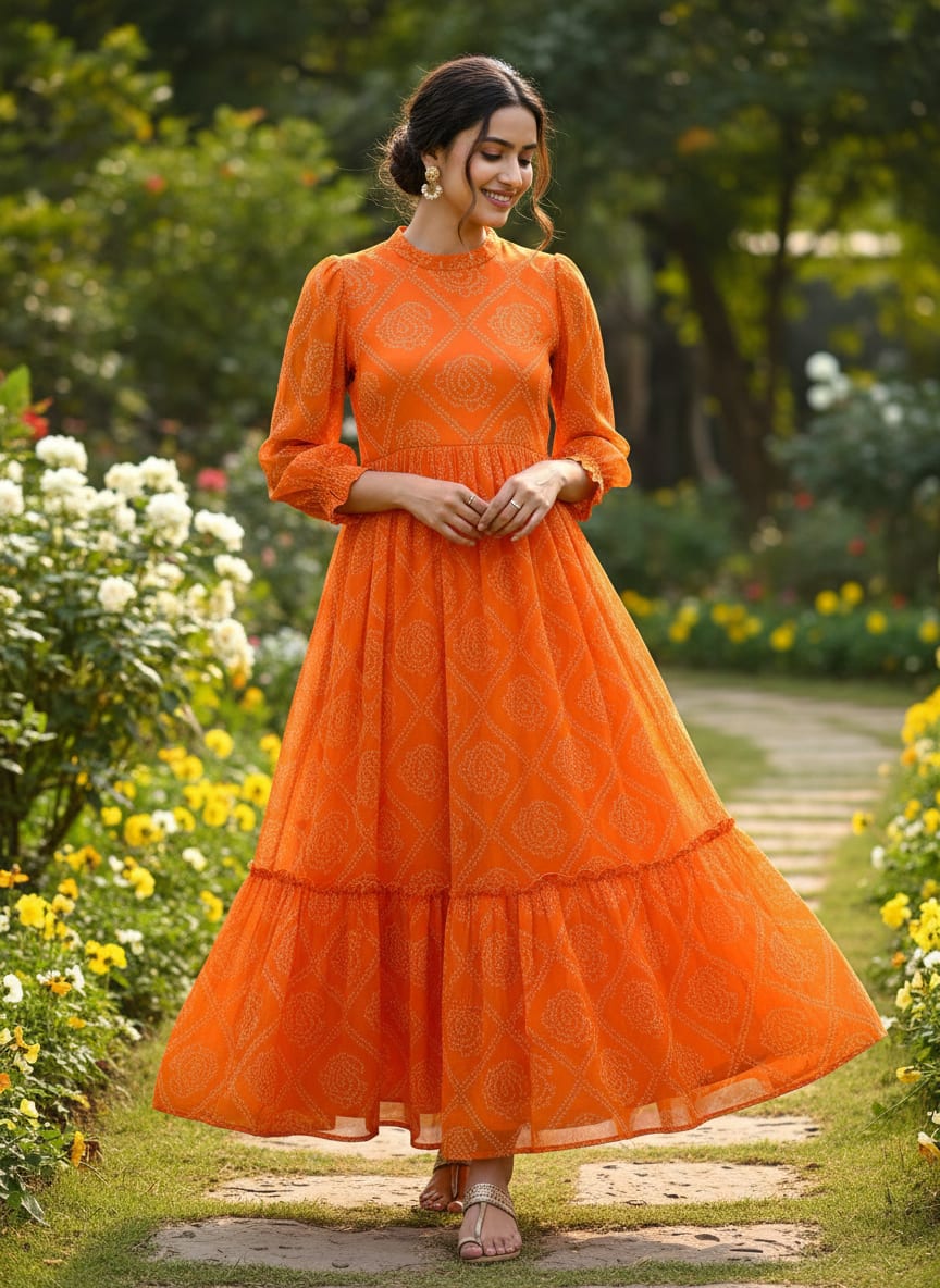 Orange Ethnic Bandhani Print Pure Chiffon Digital Printed Fabric