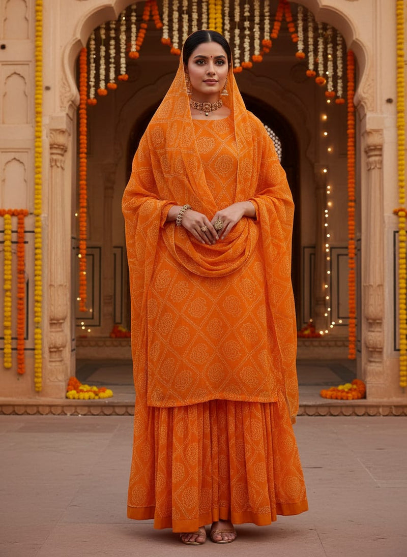 Orange Ethnic Bandhani Print Pure Chiffon Digital Printed Fabric