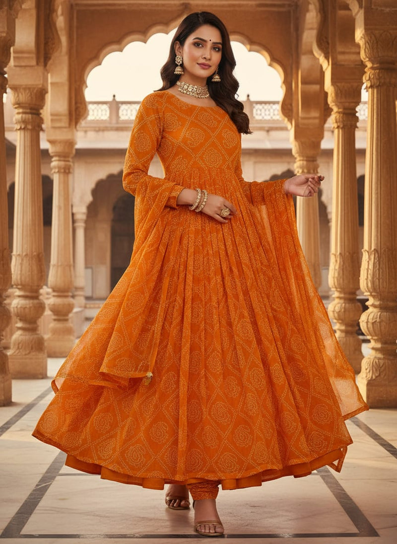 Orange Ethnic Bandhani Print Pure Chiffon Digital Printed Fabric