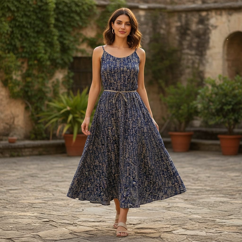 Navy Ethnic Botanical Motif Kora Silk Digital Printed Fabric
